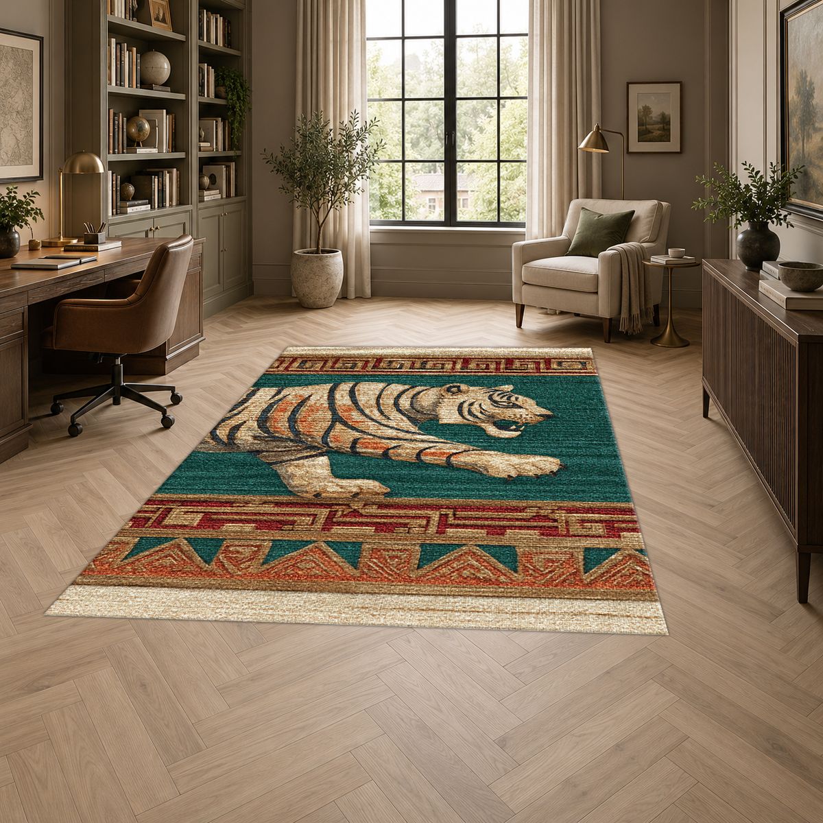Green Walking Tiger Tribal Border printed area rug
