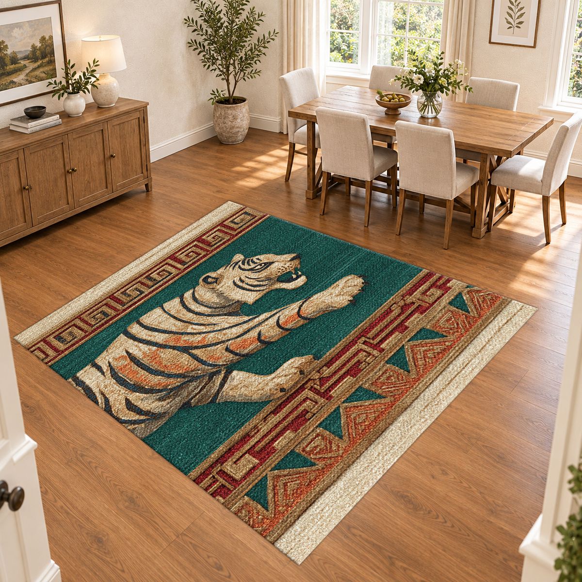 Green Walking Tiger Tribal Border printed area rug