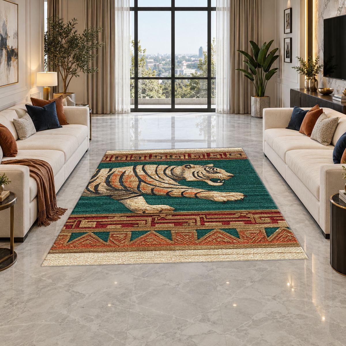 Green Walking Tiger Tribal Border printed area rug