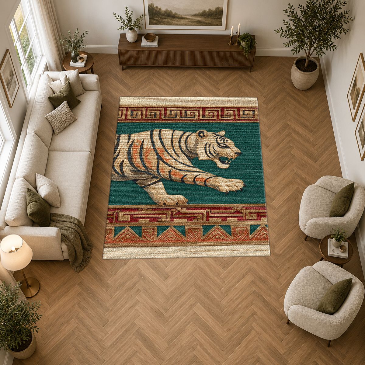 Green Walking Tiger Tribal Border printed area rug