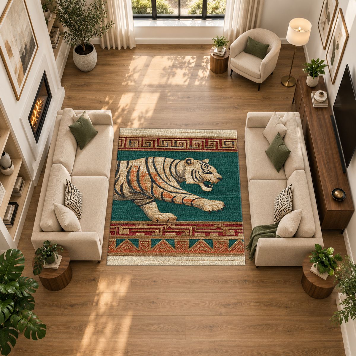 Green Walking Tiger Tribal Border printed area rug