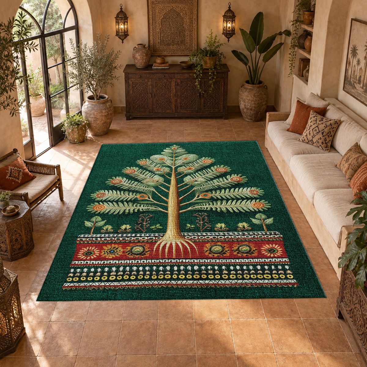 Emerald Tree of Life Folk Art printed area rug