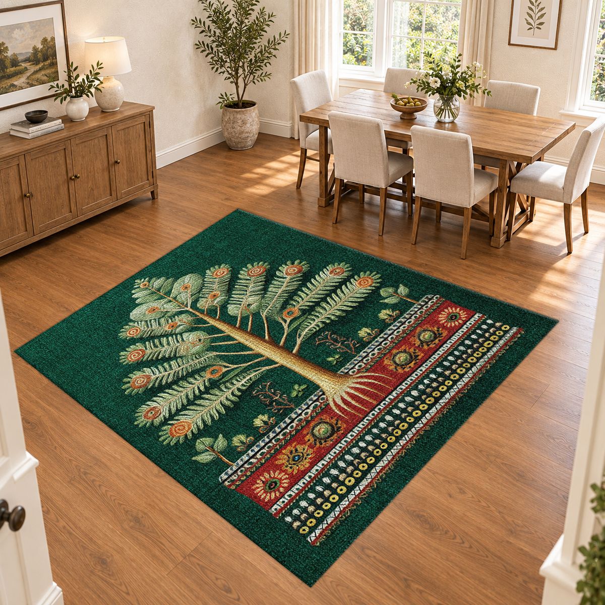 Emerald Tree of Life Folk Art printed area rug