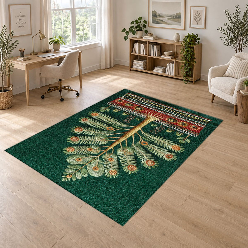 Emerald Tree of Life Folk Art printed area rug