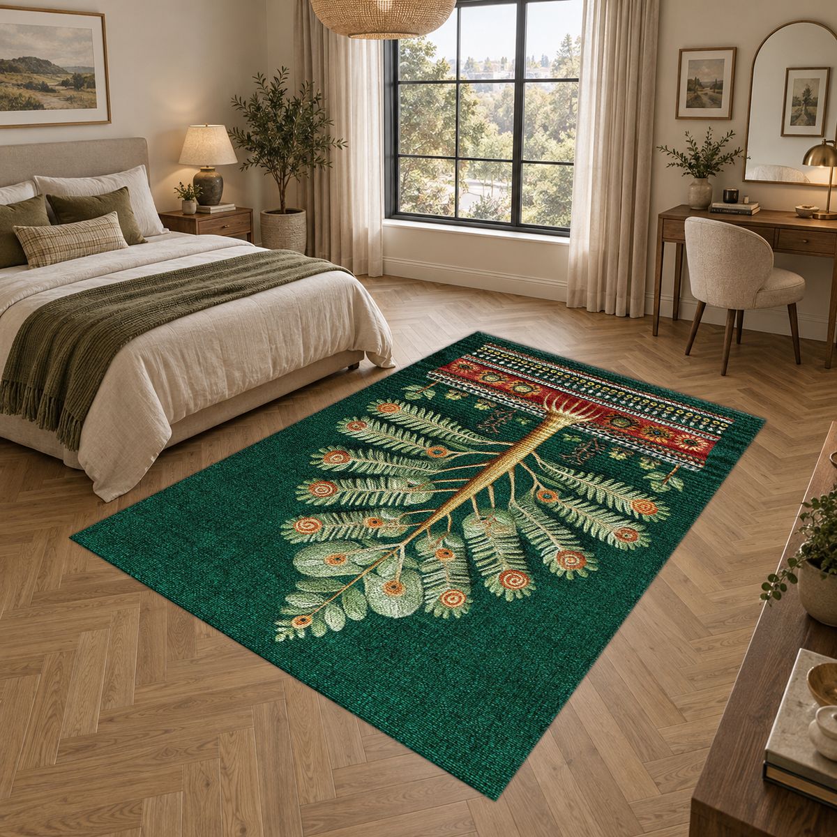 Emerald Tree of Life Folk Art printed area rug