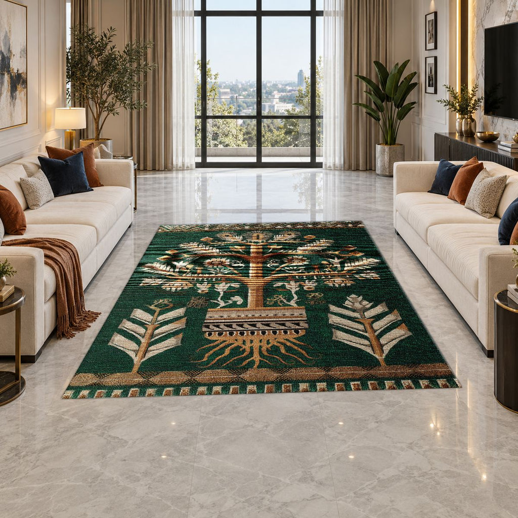 Teal Tree of Life Botanical printed area rug