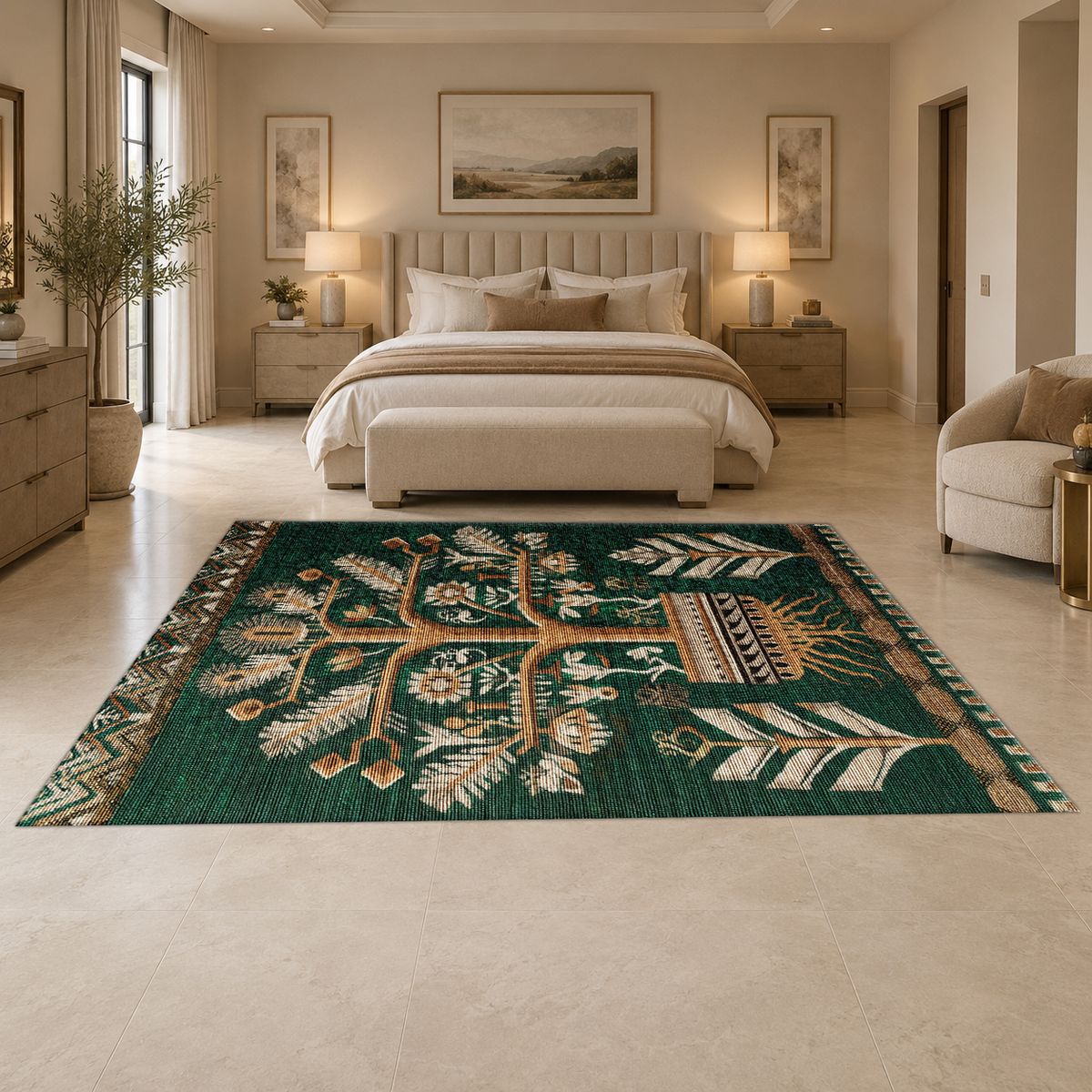 Teal Tree of Life Botanical printed area rug