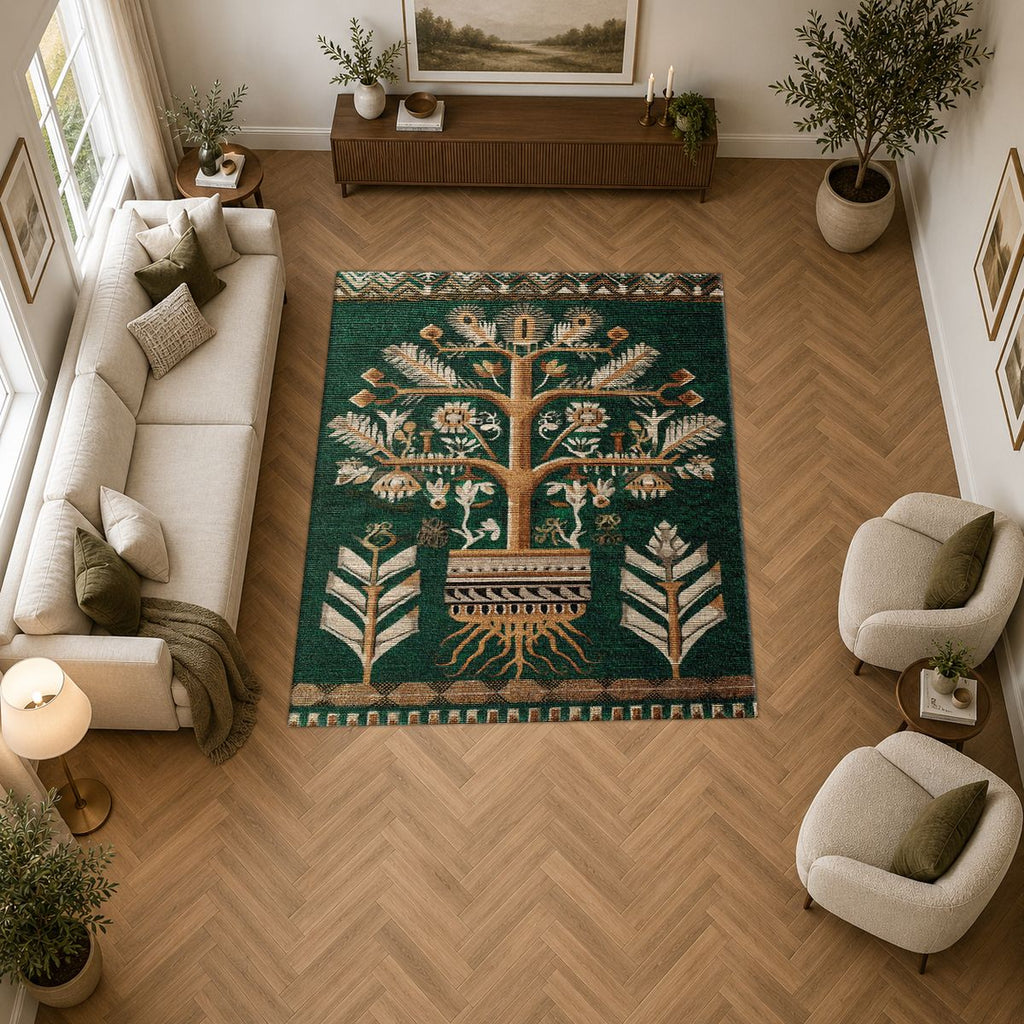 Teal Tree of Life Botanical printed area rug