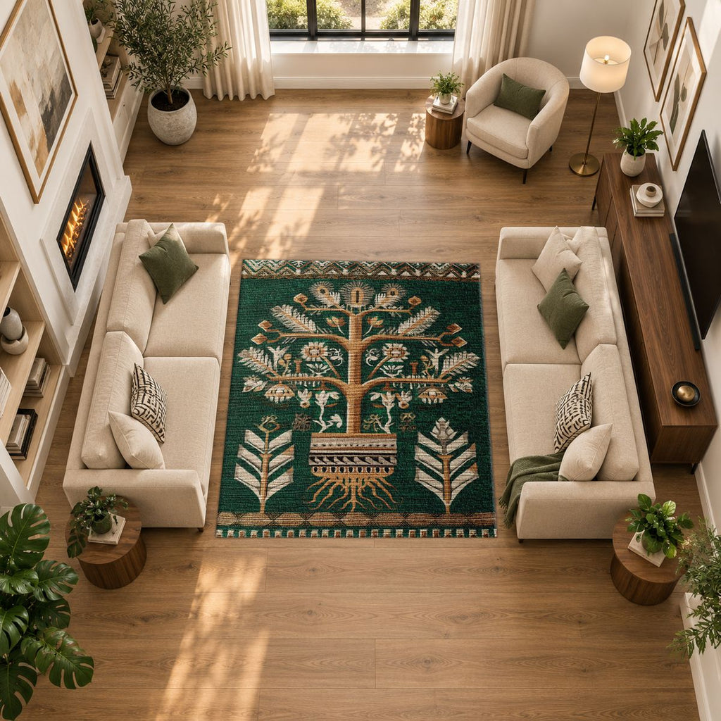 Teal Tree of Life Botanical printed area rug