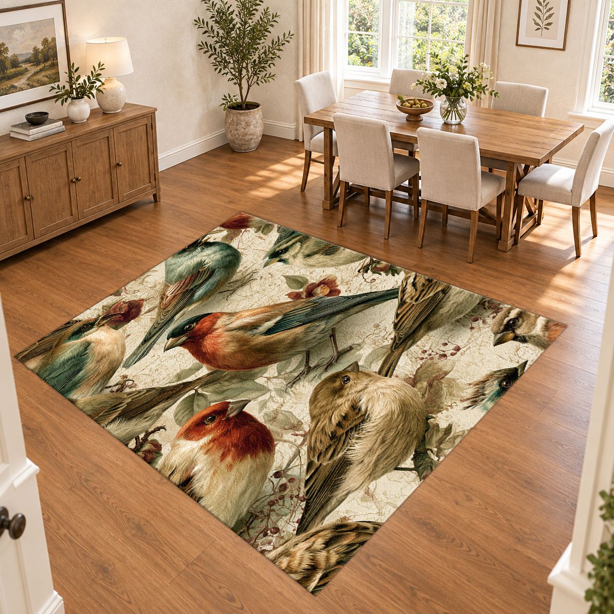 Cream Vintage Songbird Pattern printed area rug