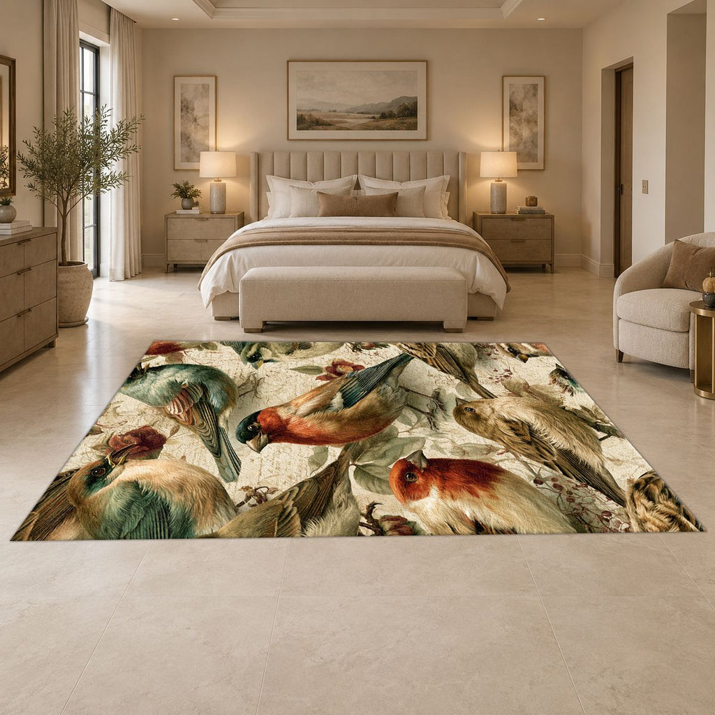 Cream Vintage Songbird Pattern printed area rug