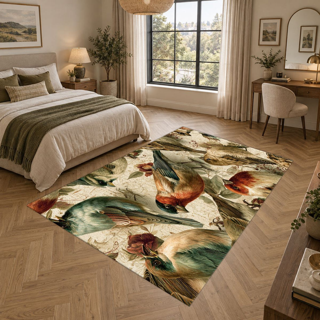 Cream Vintage Songbird Pattern printed area rug