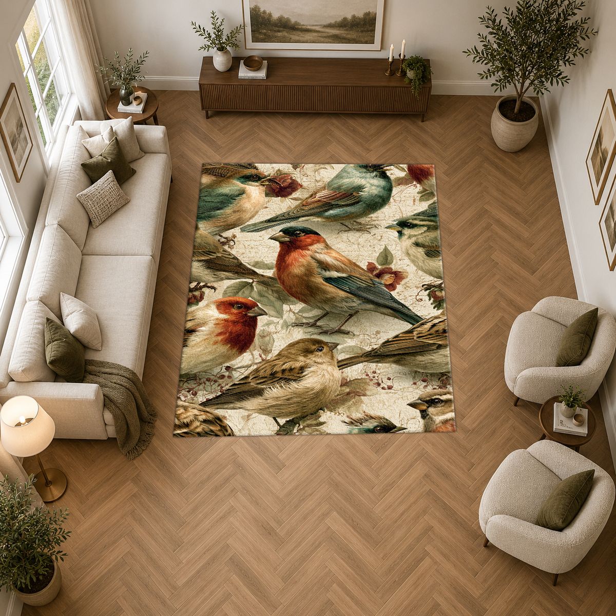 Cream Vintage Songbird Pattern printed area rug
