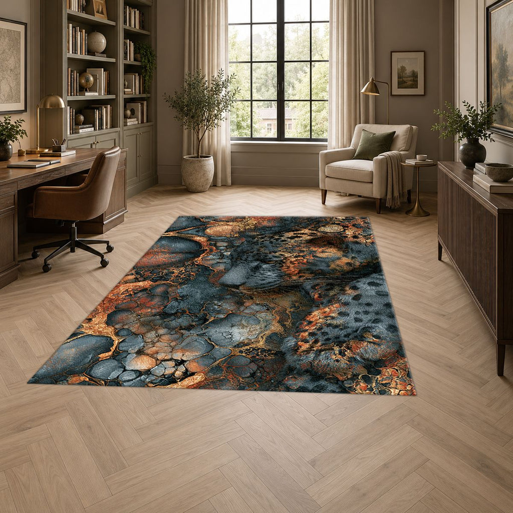 Navy and Copper Abstract Leopard printed area rug