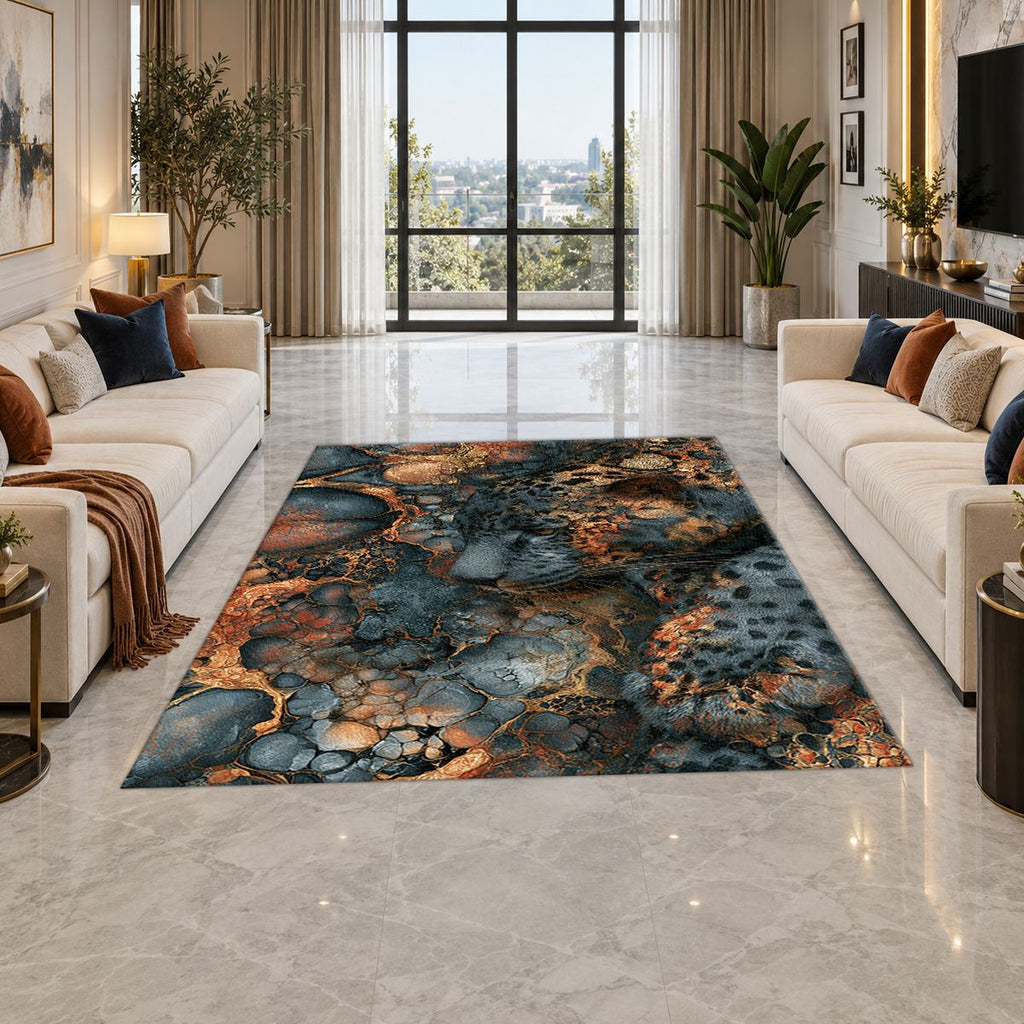 Navy and Copper Abstract Leopard printed area rug