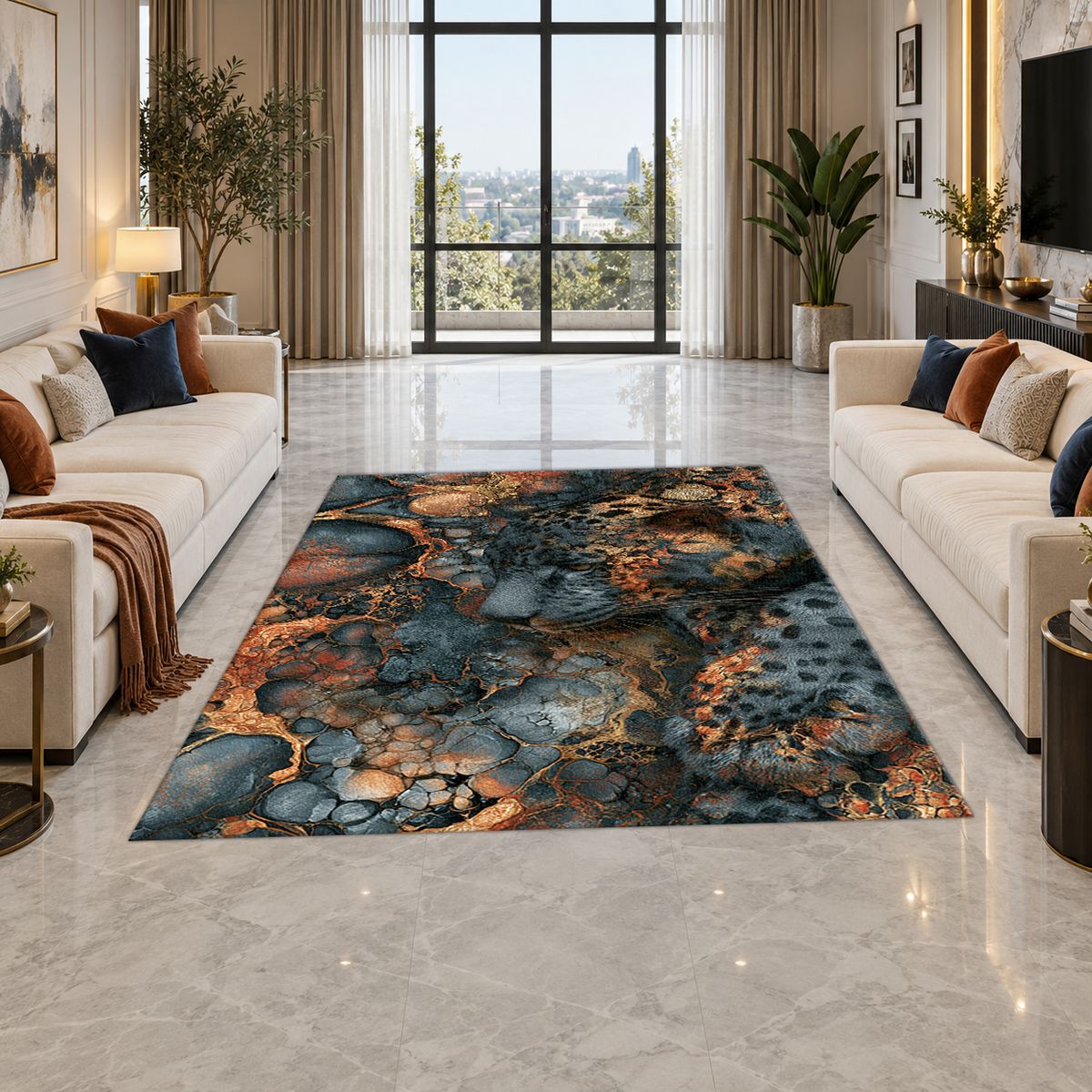 Navy and Copper Abstract Leopard printed area rug