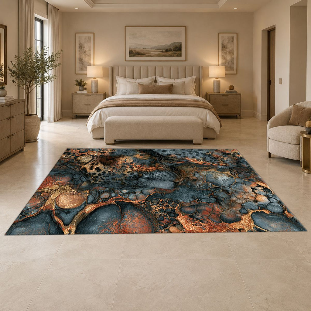 Navy and Copper Abstract Leopard printed area rug