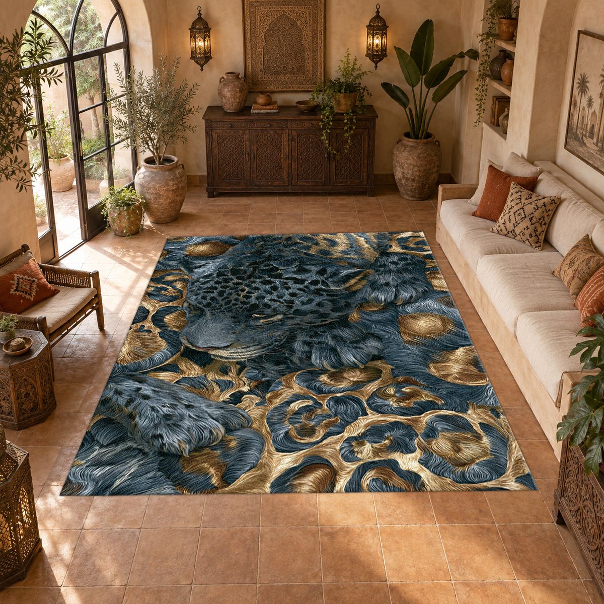 Navy Leopard and Gold Baroque printed area rug