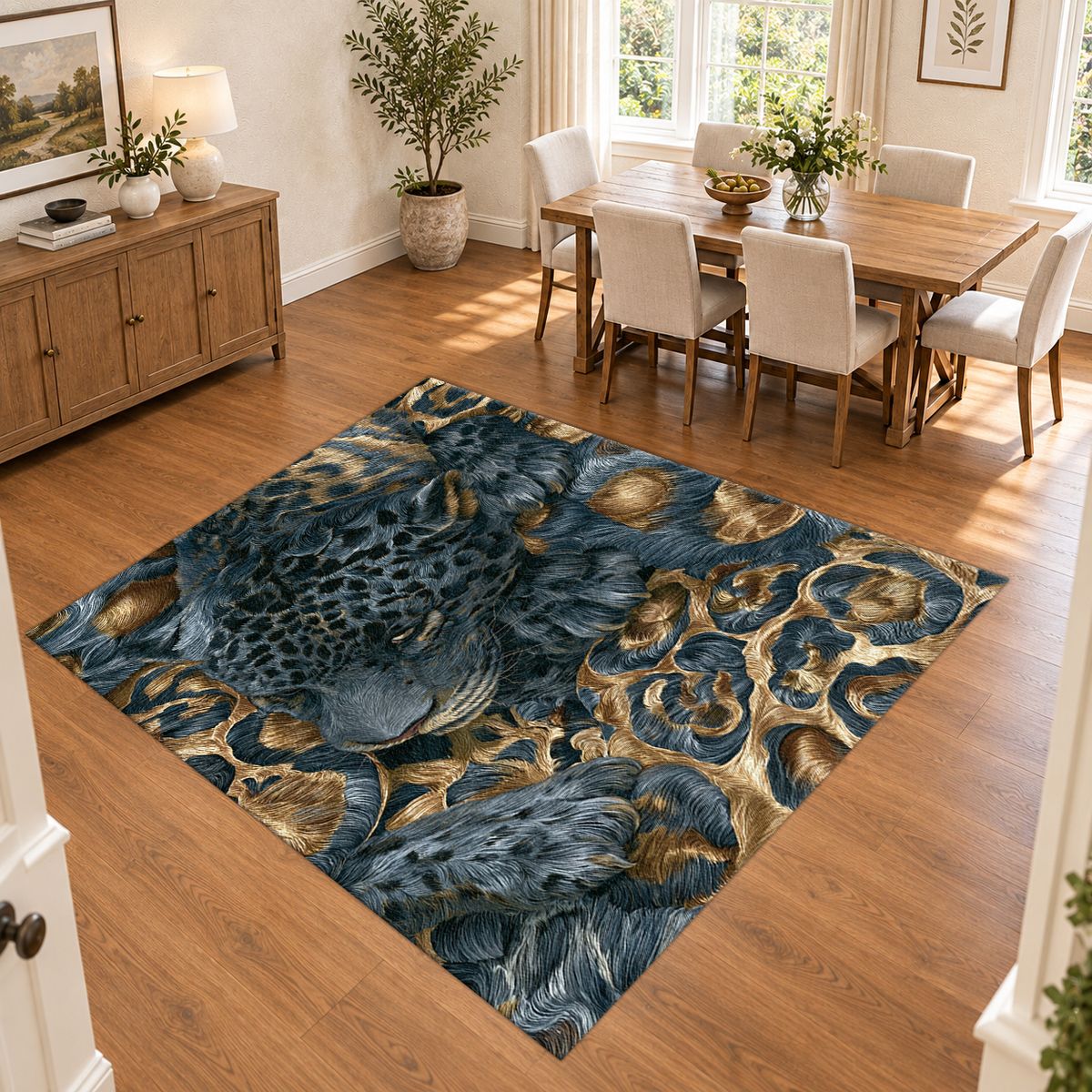 Navy Leopard and Gold Baroque printed area rug