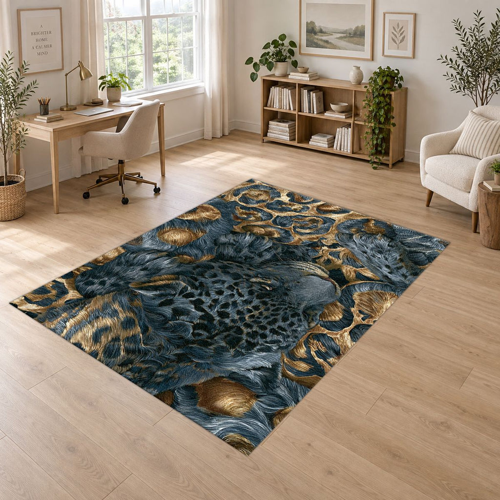 Navy Leopard and Gold Baroque printed area rug