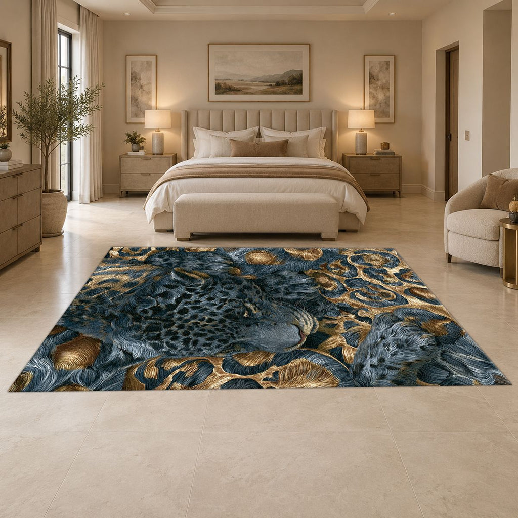 Navy Leopard and Gold Baroque printed area rug