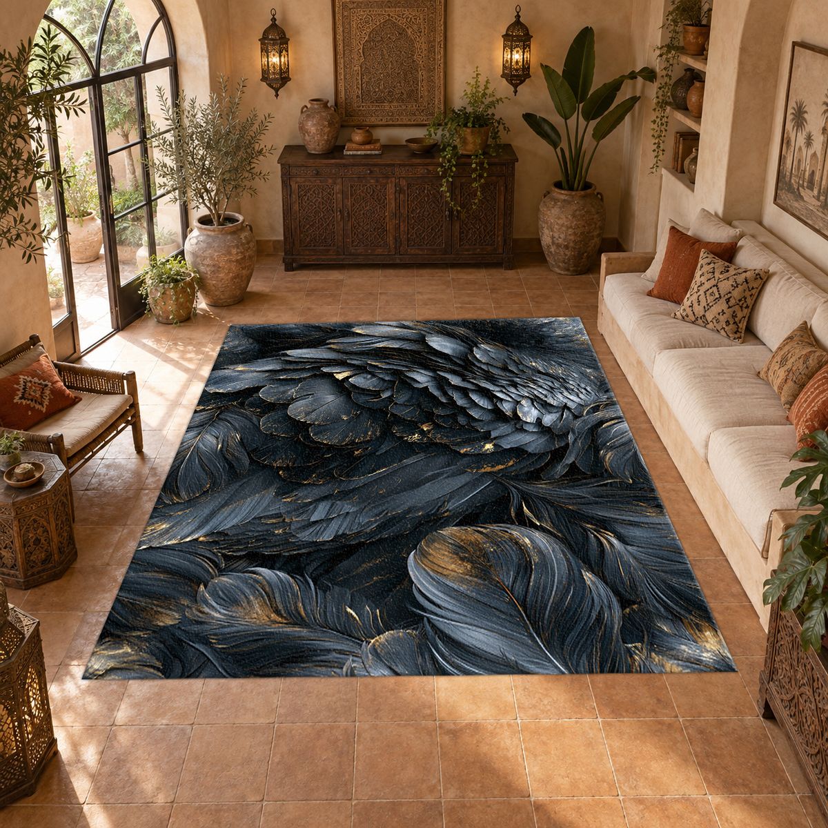 Dark Navy Feather Texture printed area rug