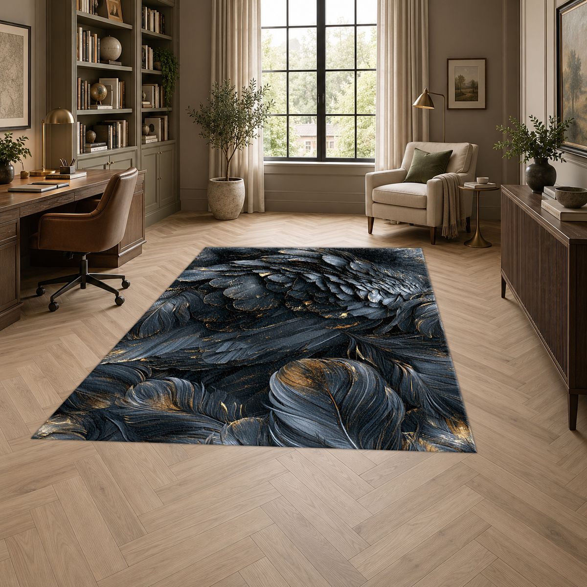 Dark Navy Feather Texture printed area rug