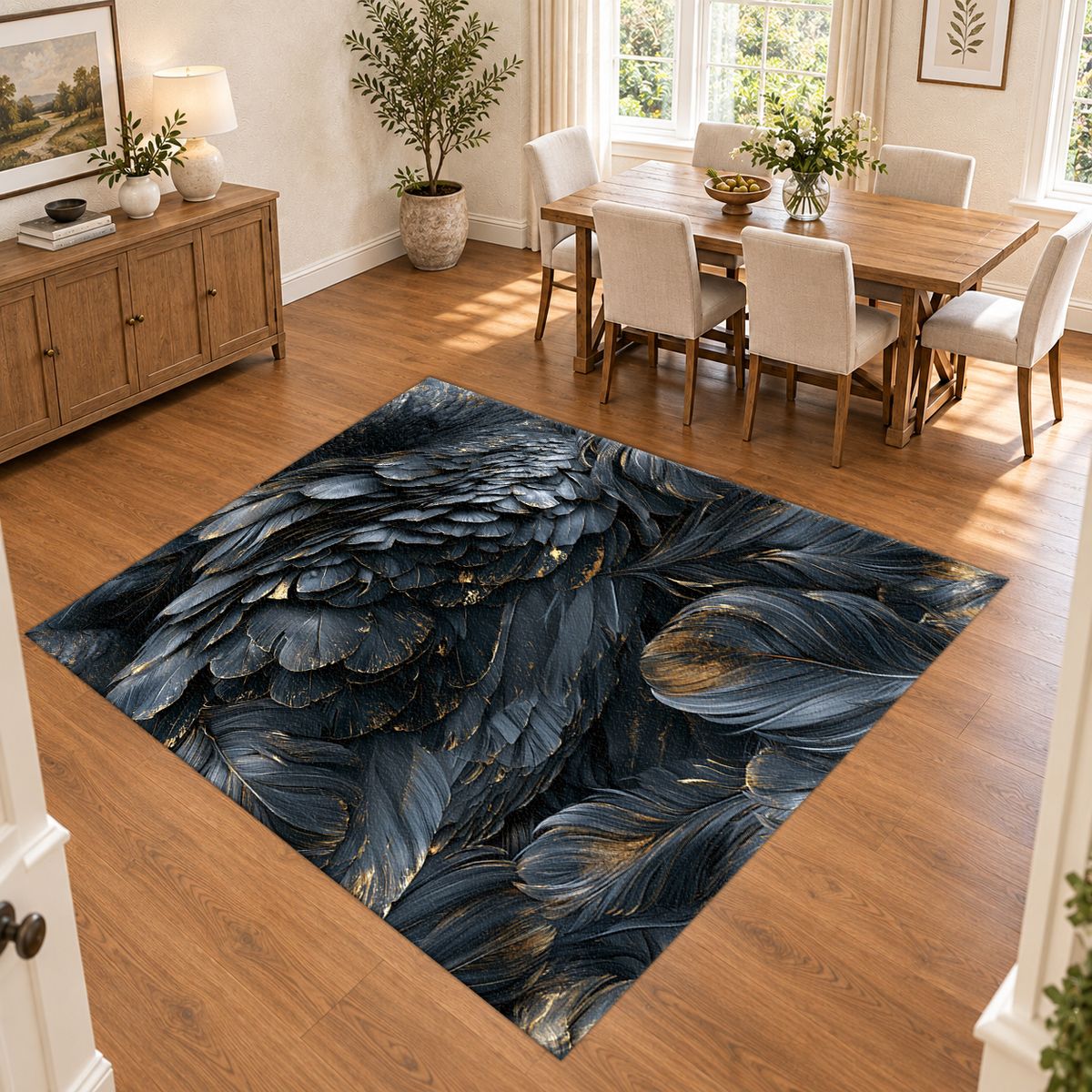 Dark Navy Feather Texture printed area rug