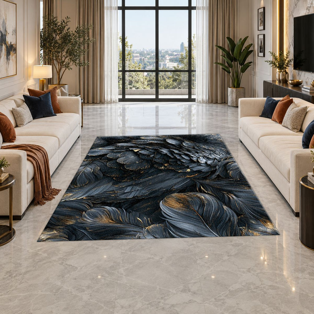 Dark Navy Feather Texture printed area rug