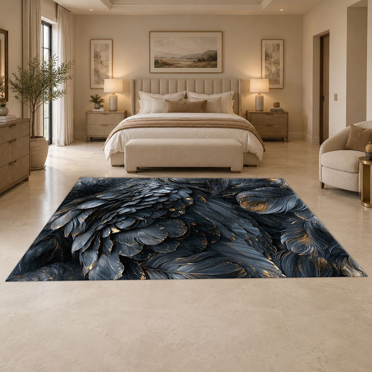 Dark Navy Feather Texture printed area rug