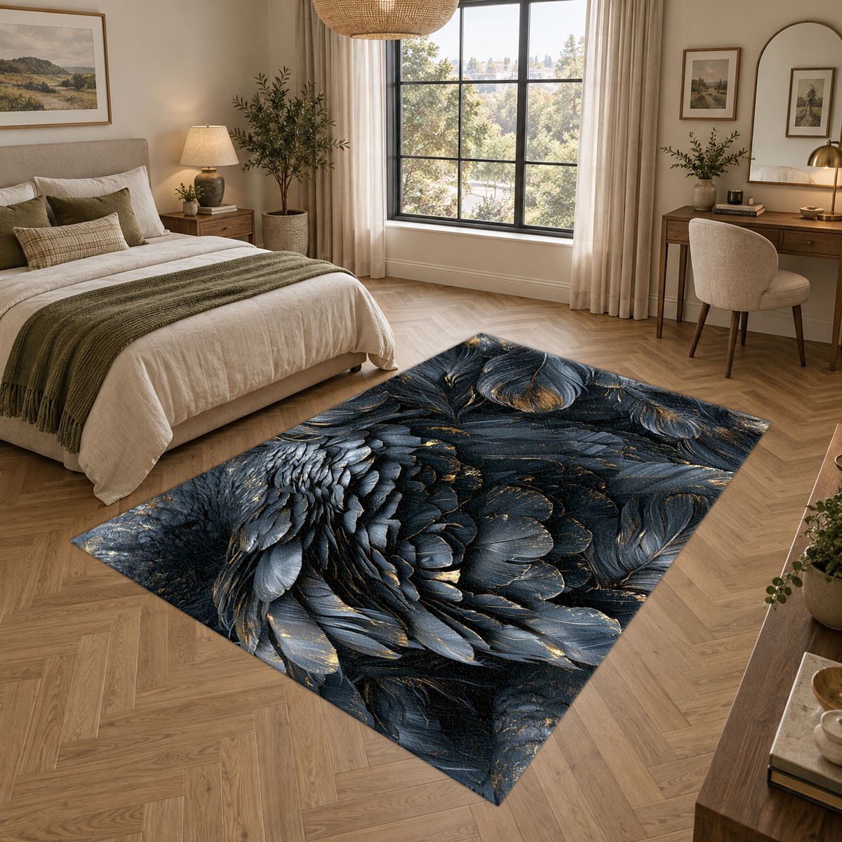 Dark Navy Feather Texture printed area rug