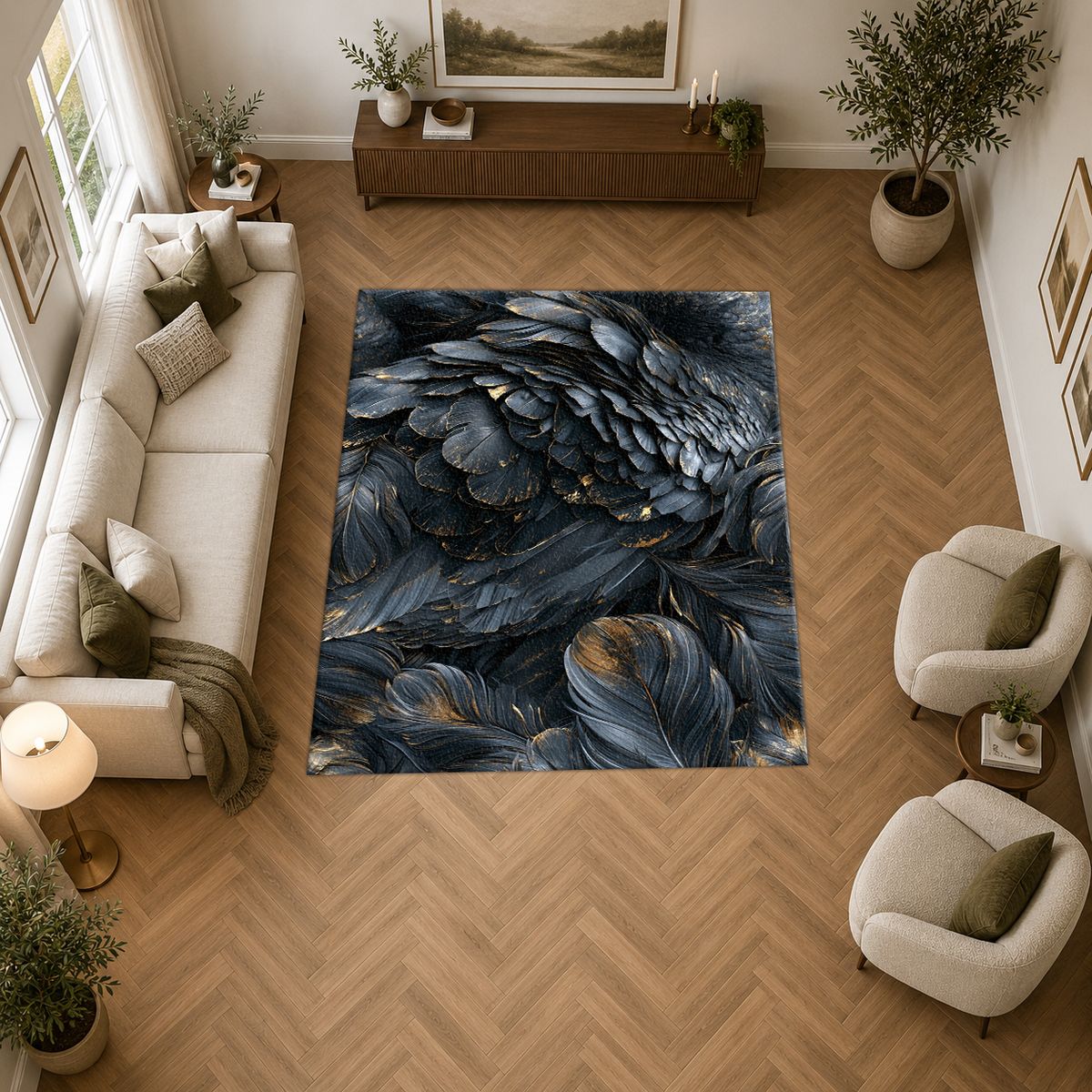 Dark Navy Feather Texture printed area rug