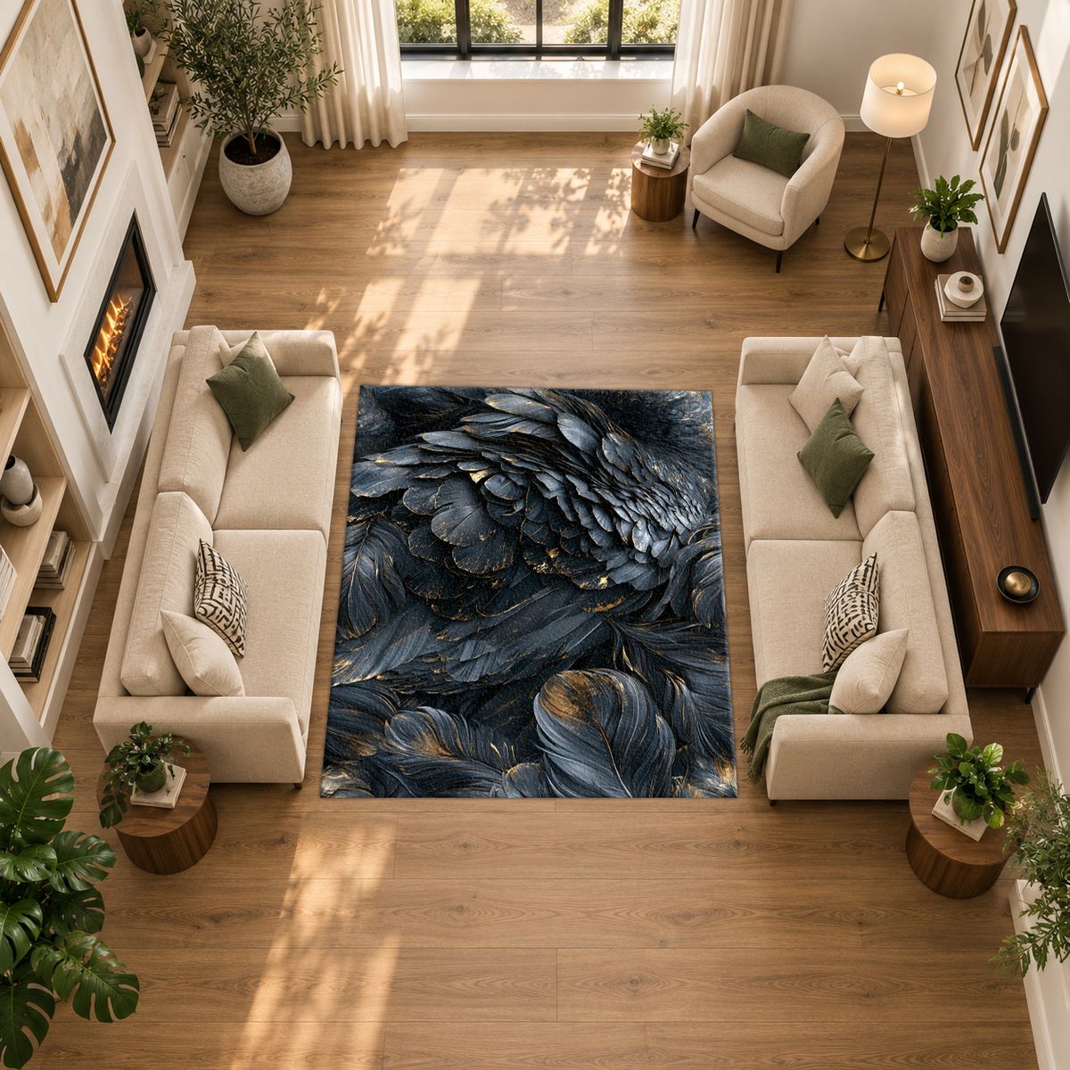Dark Navy Feather Texture printed area rug