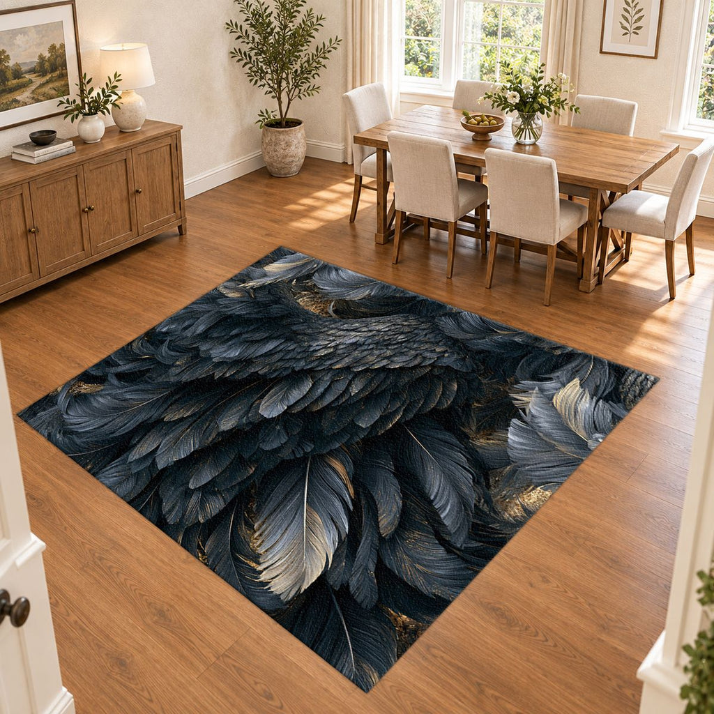 Midnight Raven Feathers printed area rug