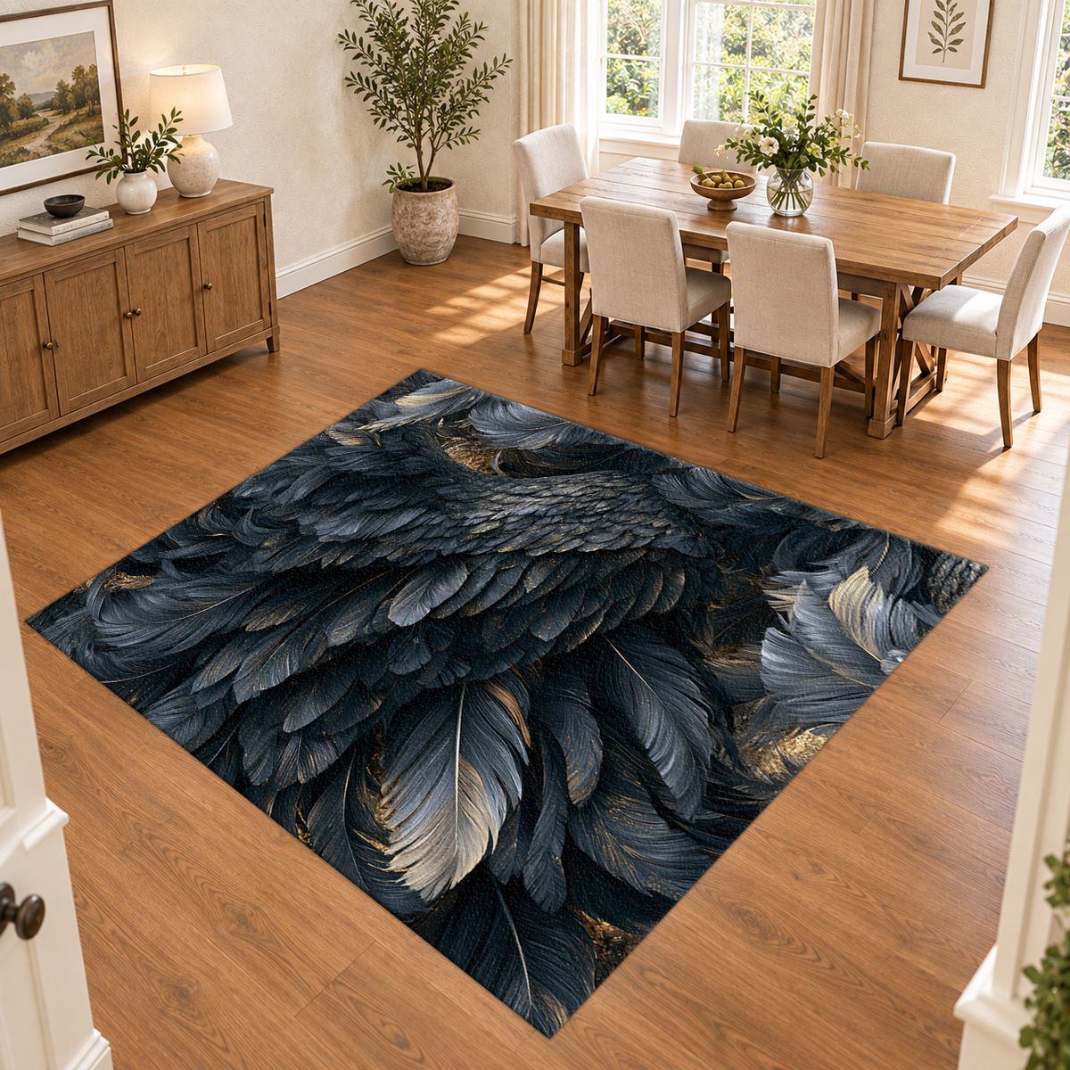 Midnight Raven Feathers printed area rug