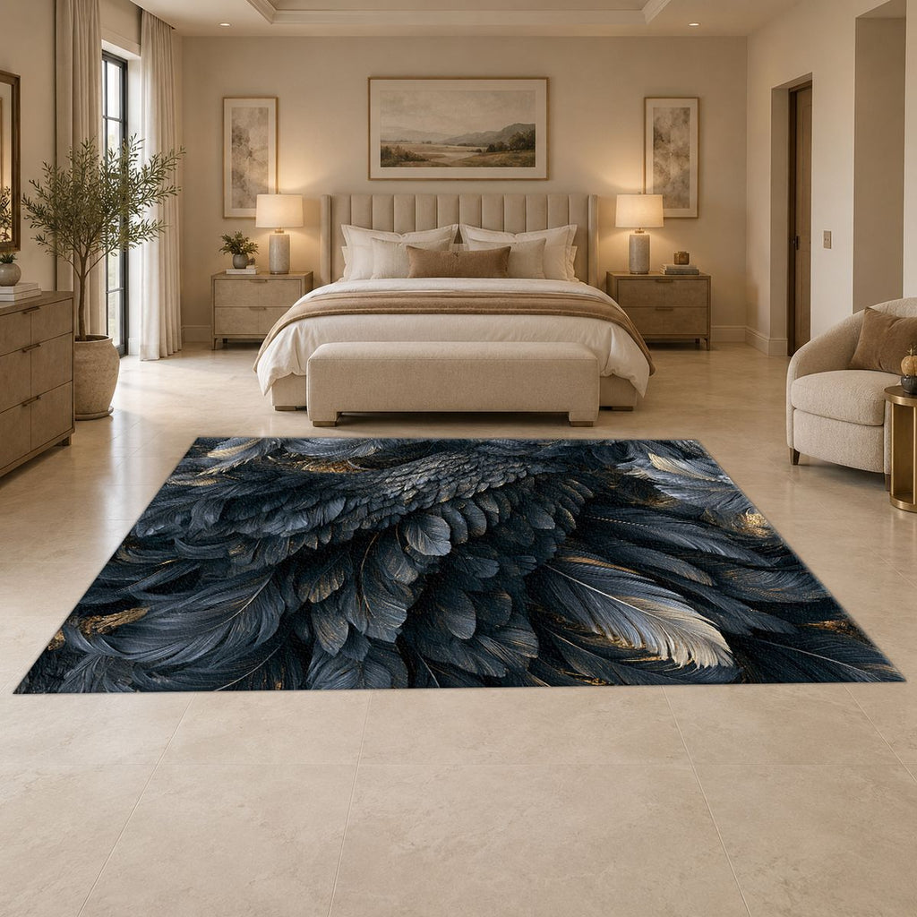 Midnight Raven Feathers printed area rug