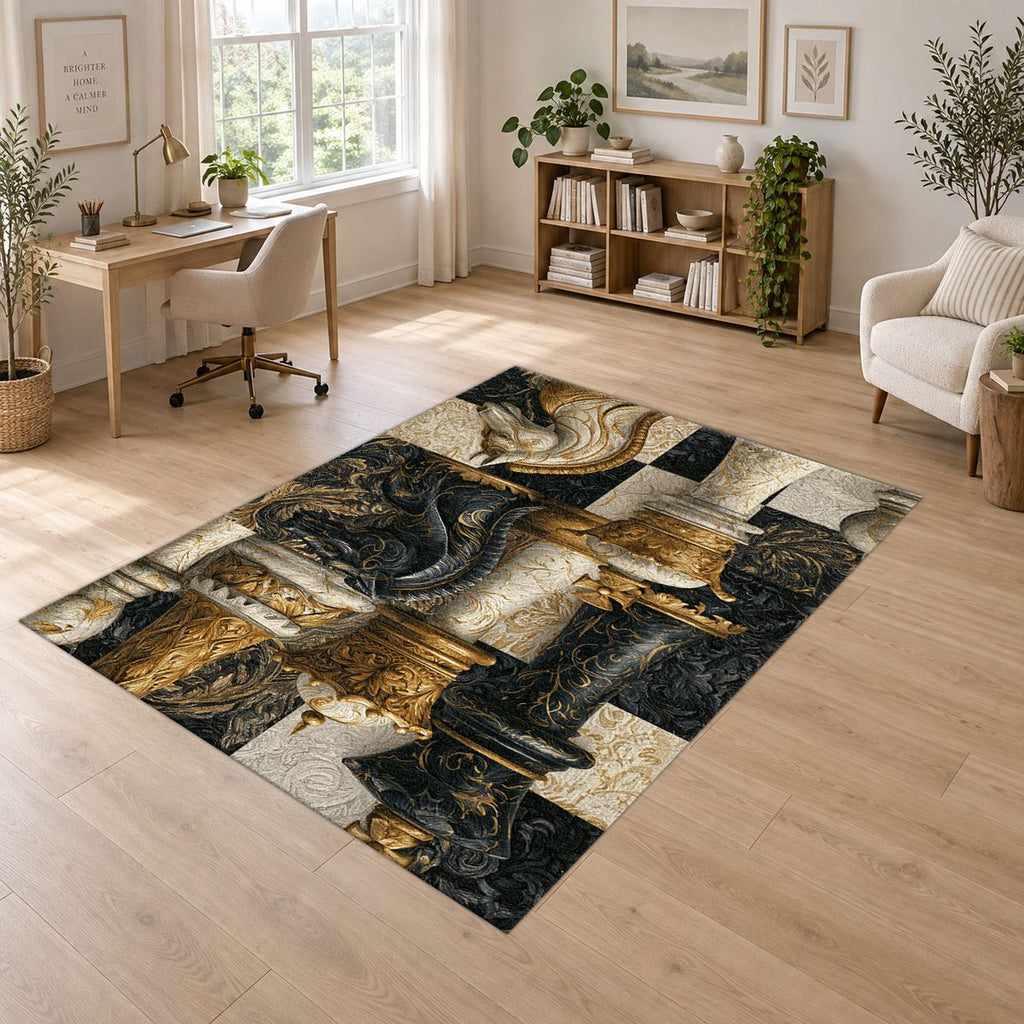 Black and Gold Chess Pieces printed area rug