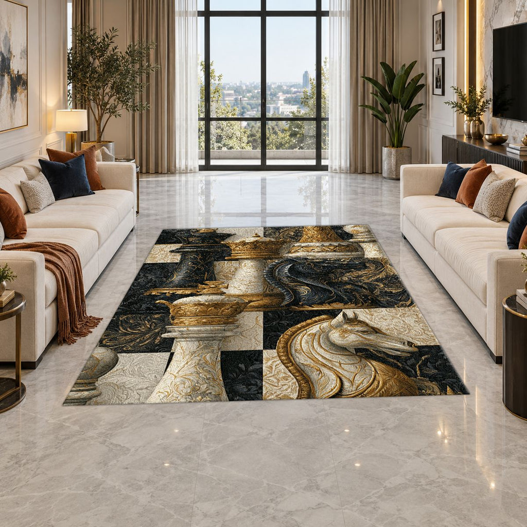 Black and Gold Chess Pieces printed area rug