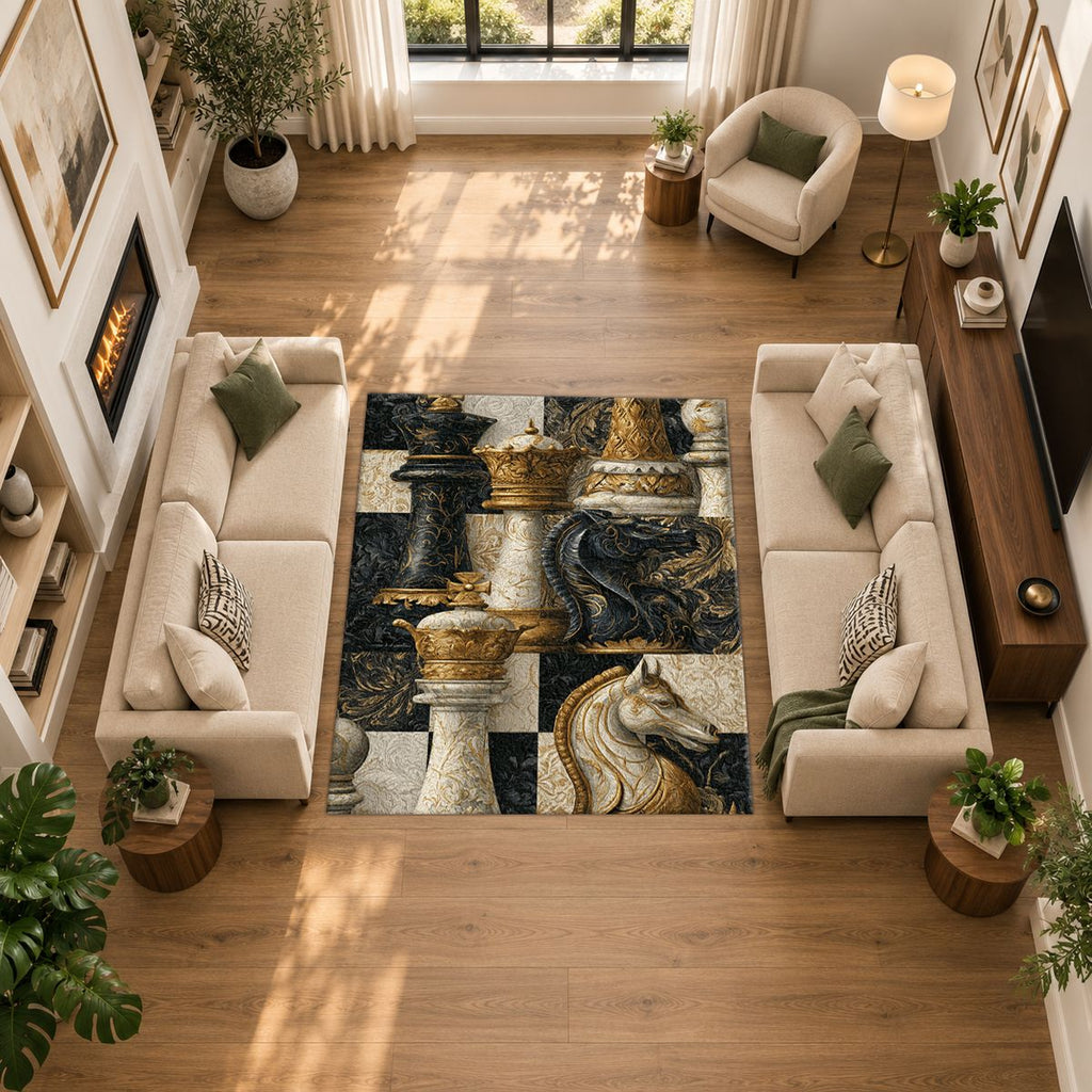 Black and Gold Chess Pieces printed area rug