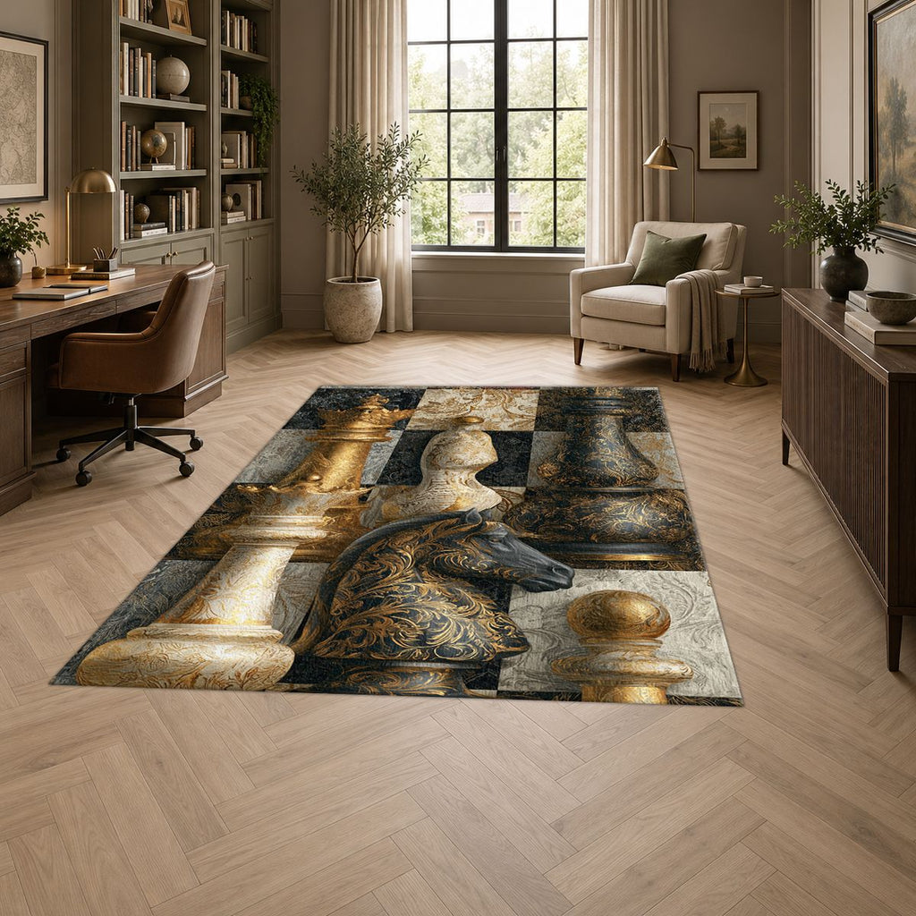 Gold Chess Board Collage printed area rug