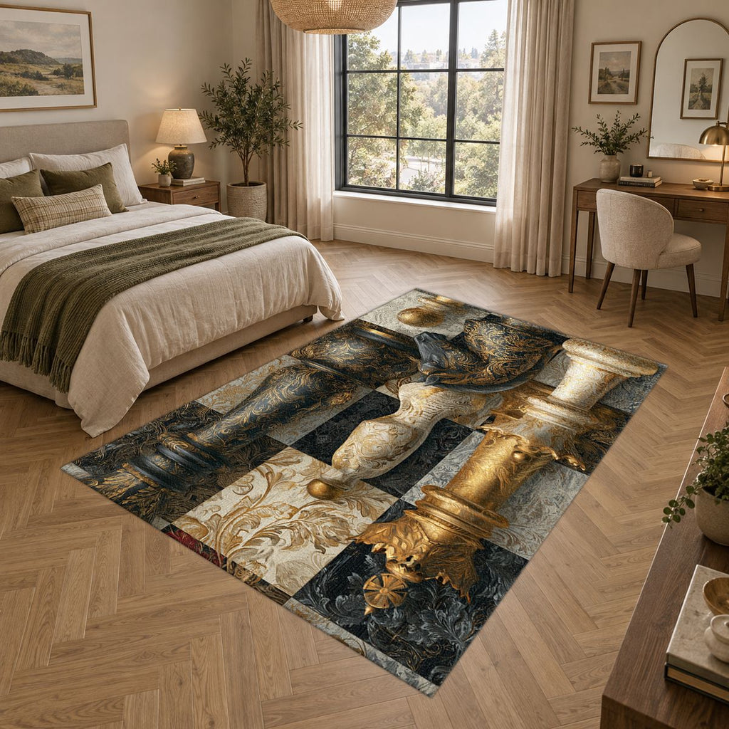 Gold Chess Board Collage printed area rug