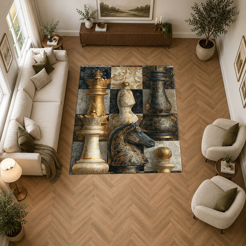 Gold Chess Board Collage printed area rug