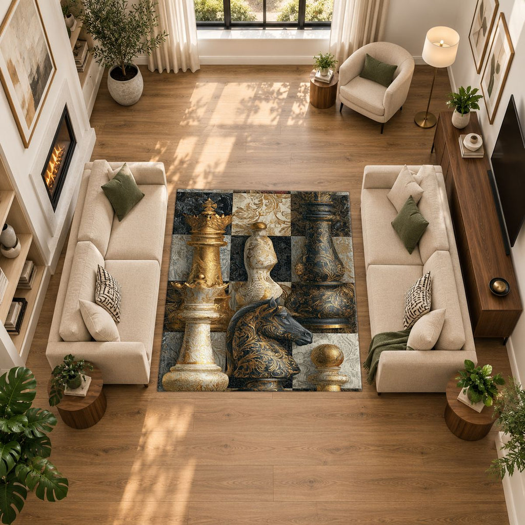 Gold Chess Board Collage printed area rug
