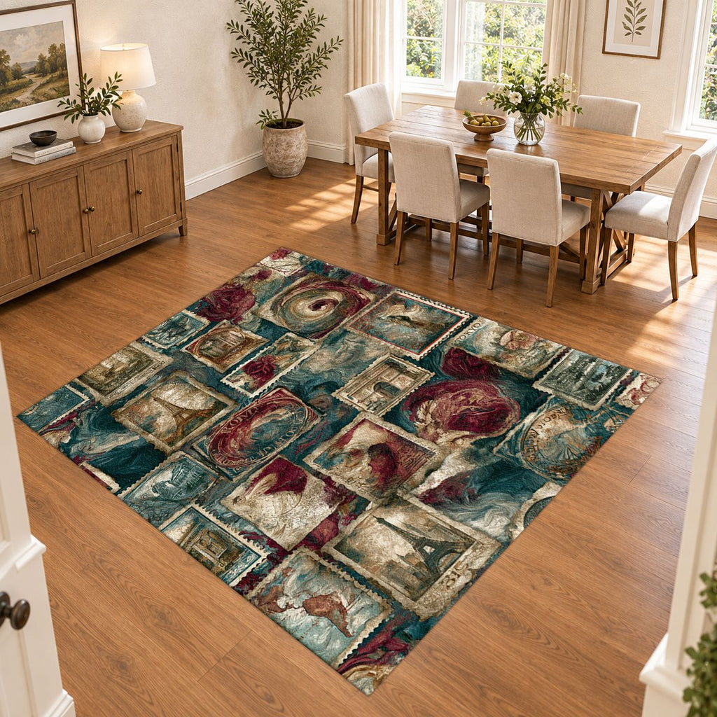 Vintage Travel Postage Stamps printed area rug