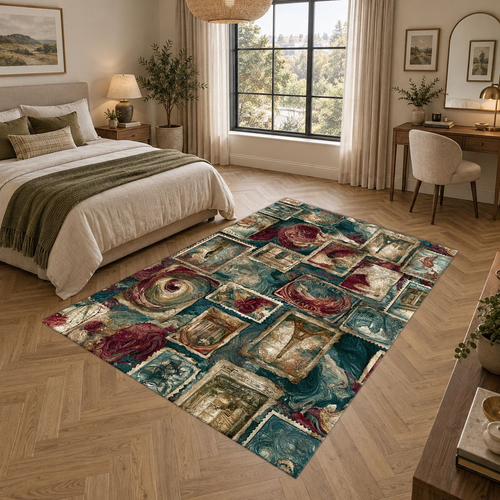 Vintage Travel Postage Stamps printed area rug
