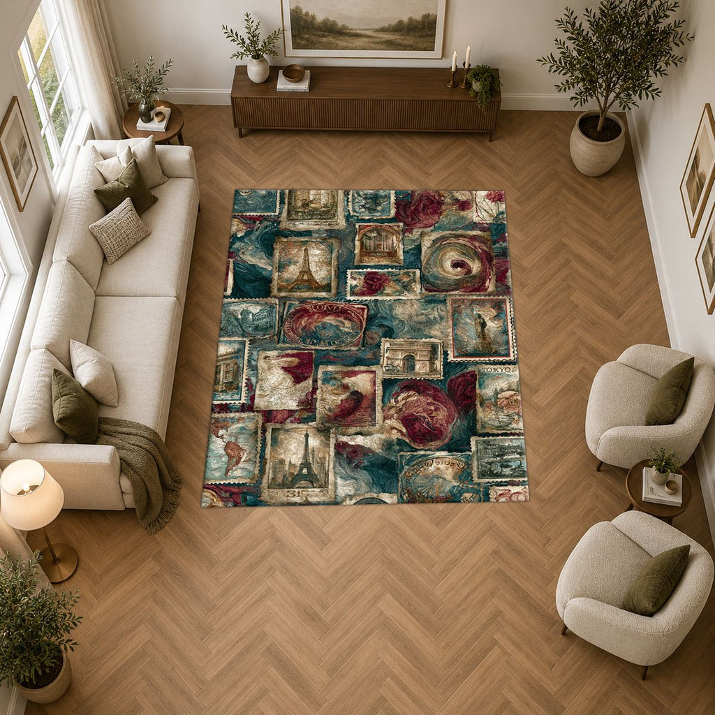 Vintage Travel Postage Stamps printed area rug