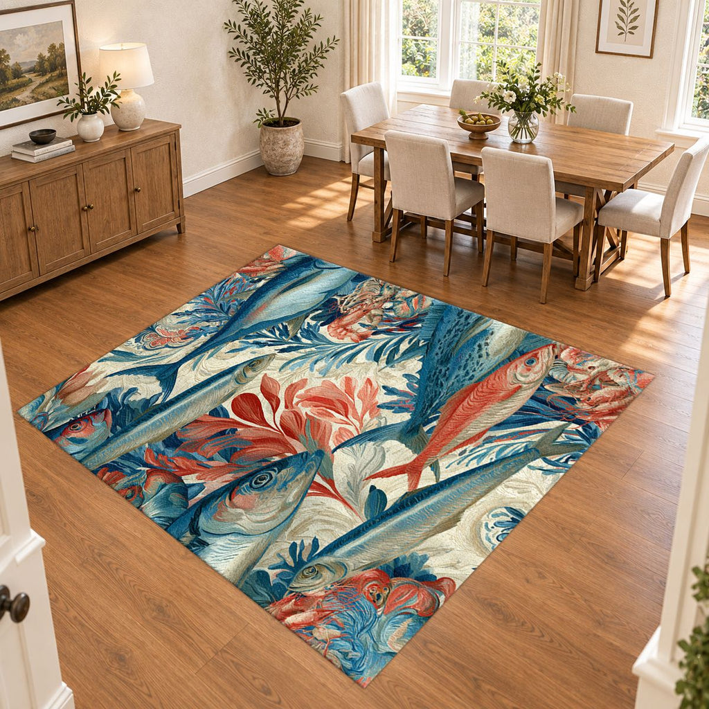 Coral and Blue Fish Pattern printed area rug