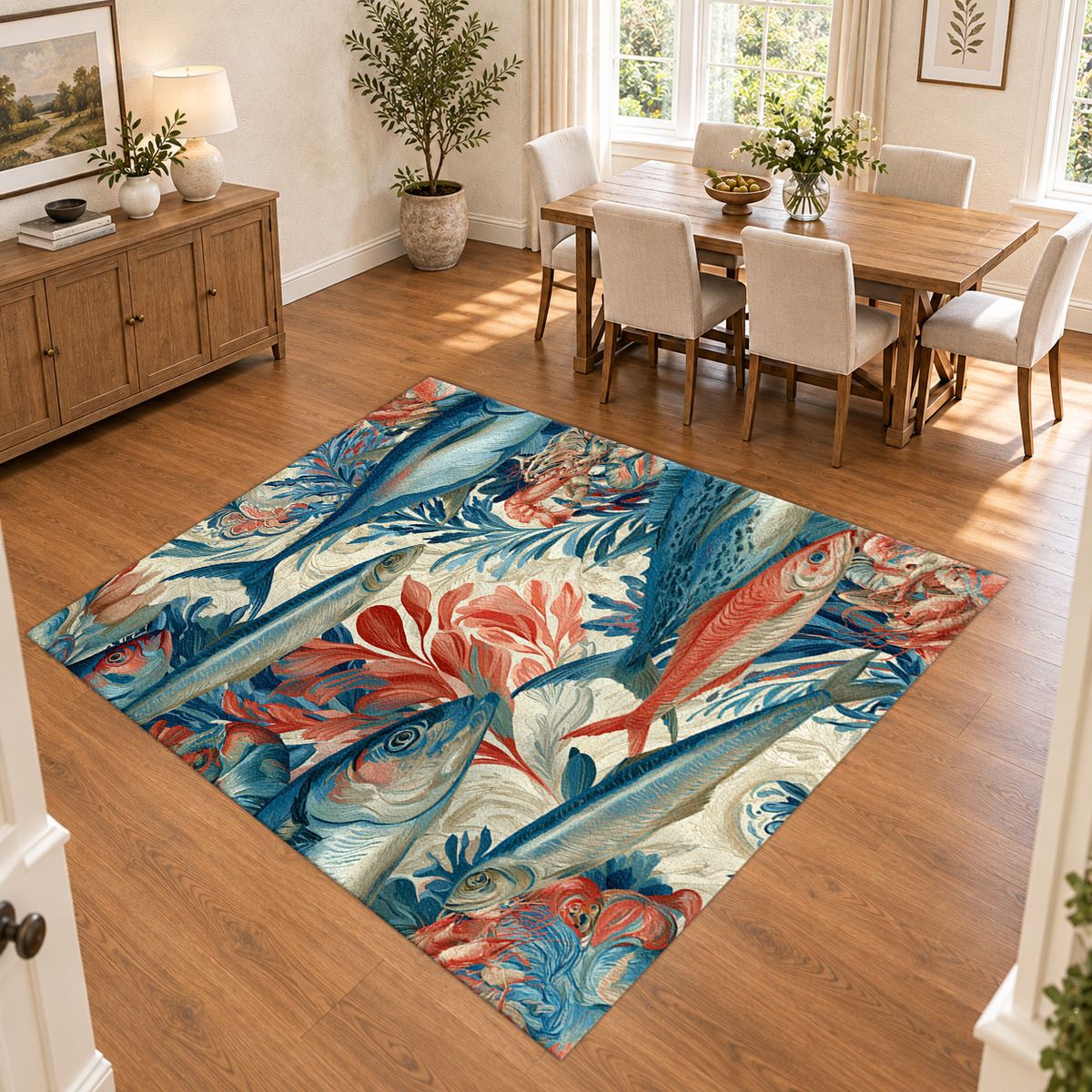 Coral and Blue Fish Pattern printed area rug