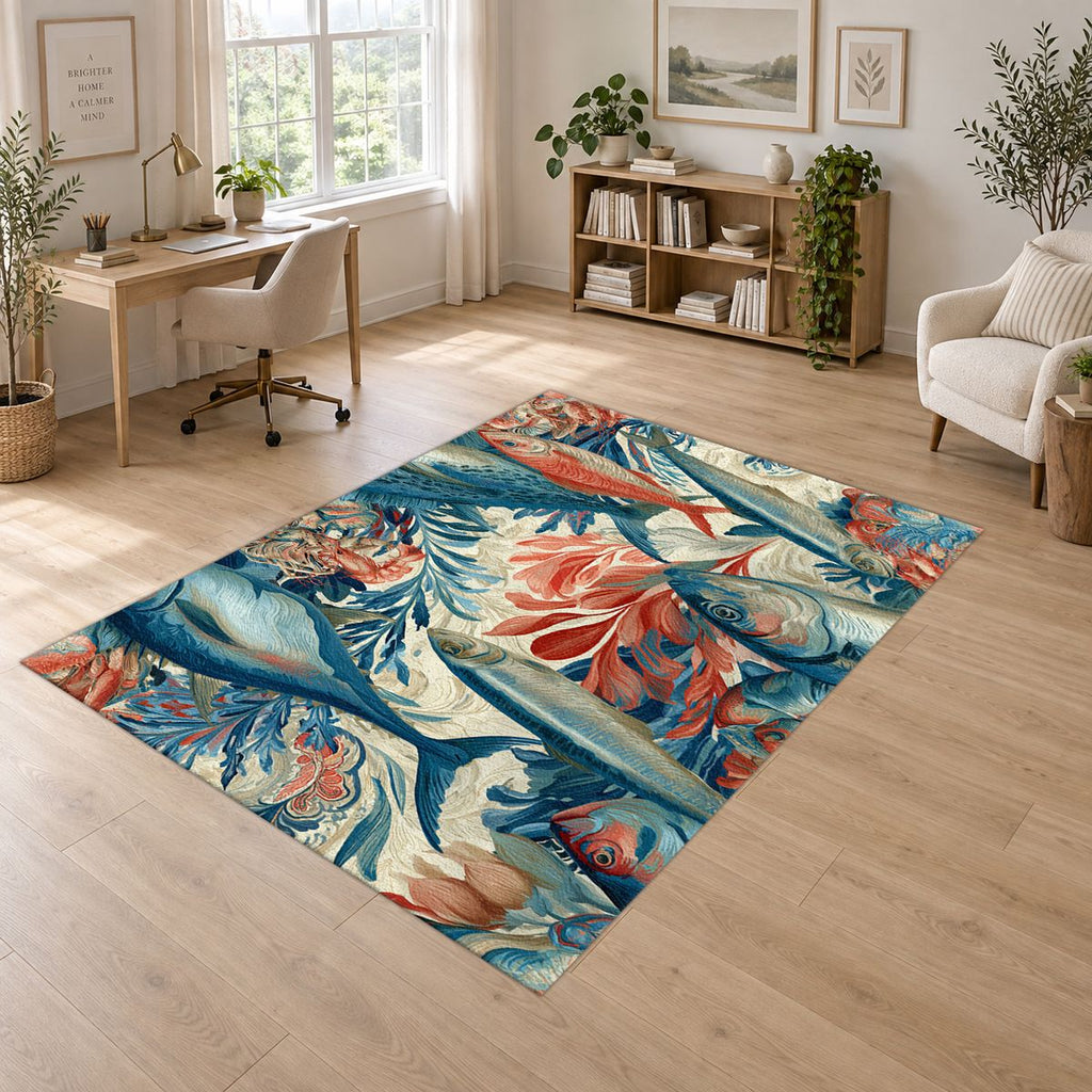 Coral and Blue Fish Pattern printed area rug