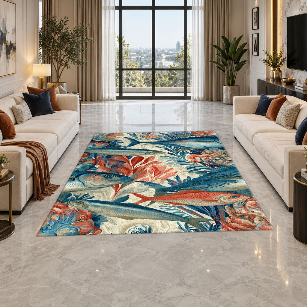 Coral and Blue Fish Pattern printed area rug